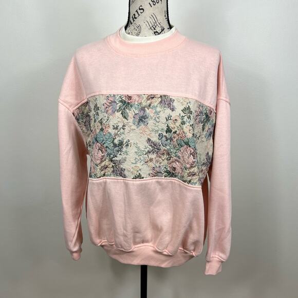 Vintage Grannycore pink fleece lined sweater w/ fake collar & tapestry blocking - Picture 1 of 11